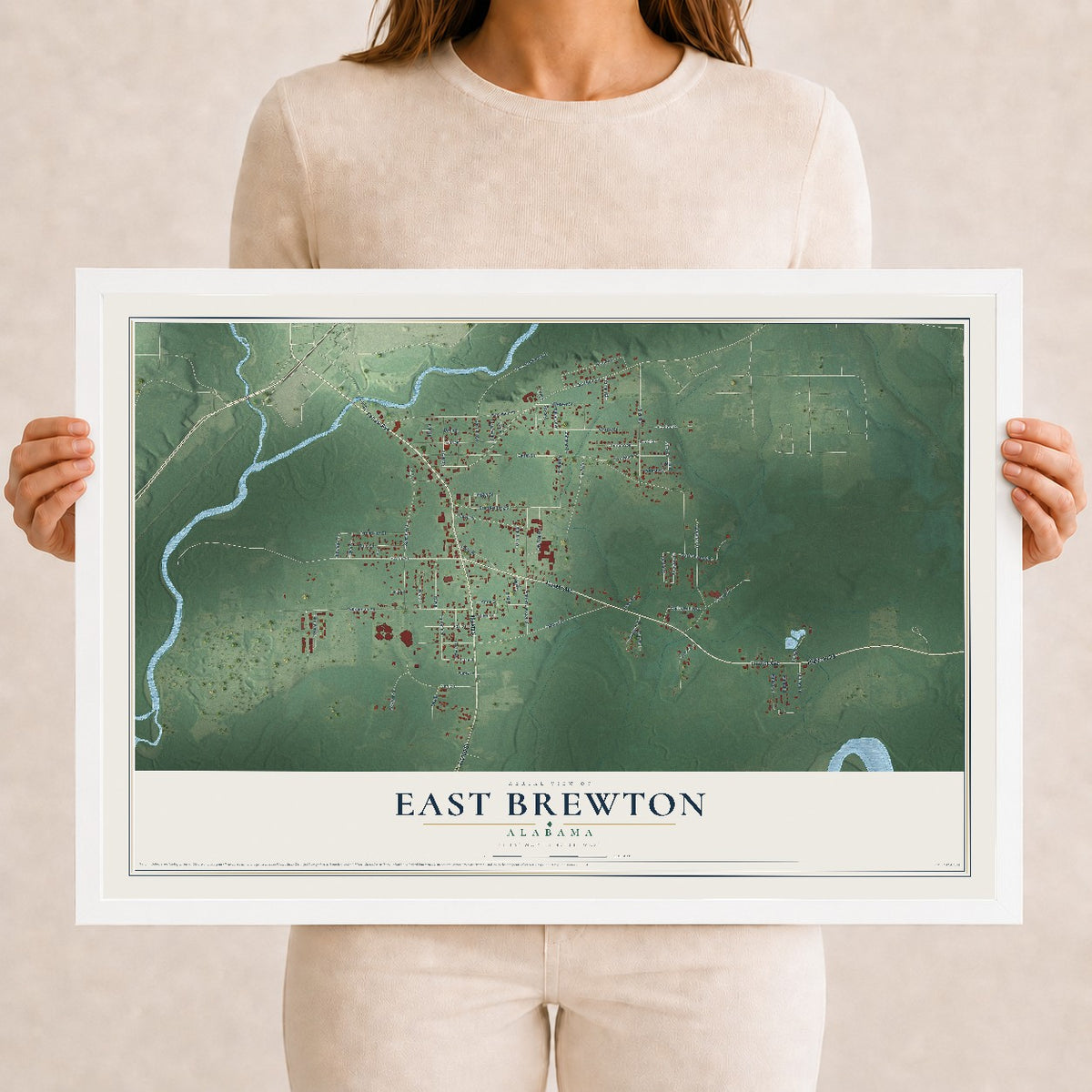 Map of East Brewton, Alabama, 12 x 18 inch print in a white wood frame
