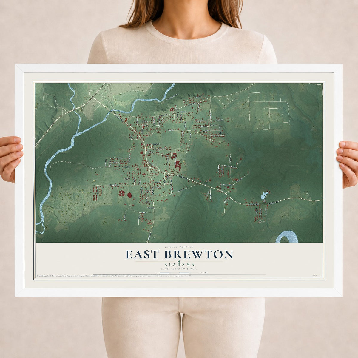 Map of East Brewton, Alabama, 18 x 24 inch print in a white wood frame