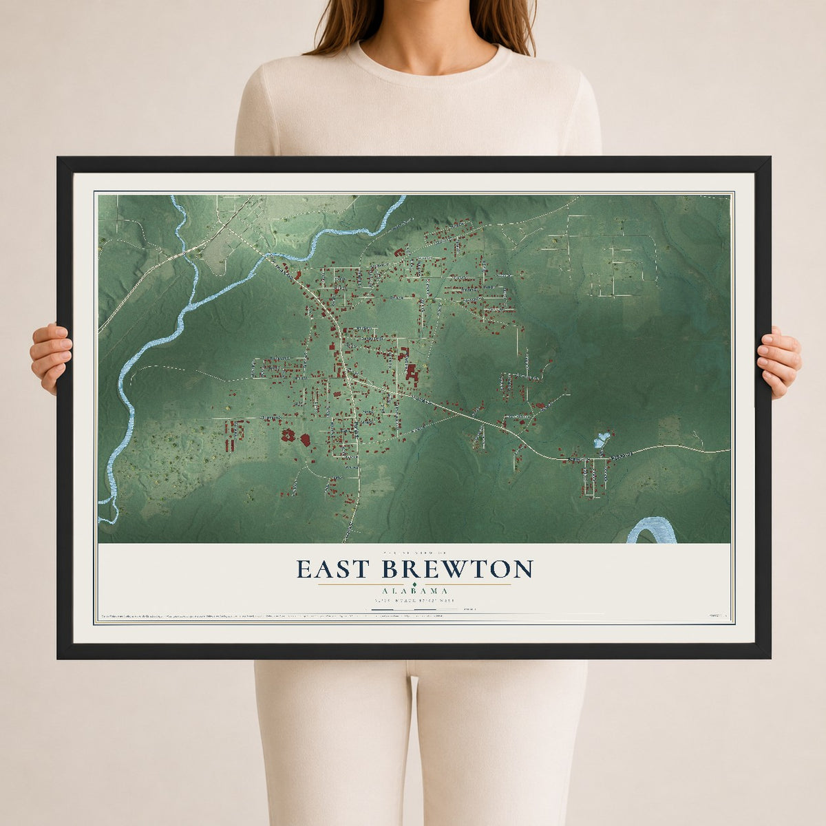 Map of East Brewton, Alabama, 24 x 36 inch print in a black wood frame