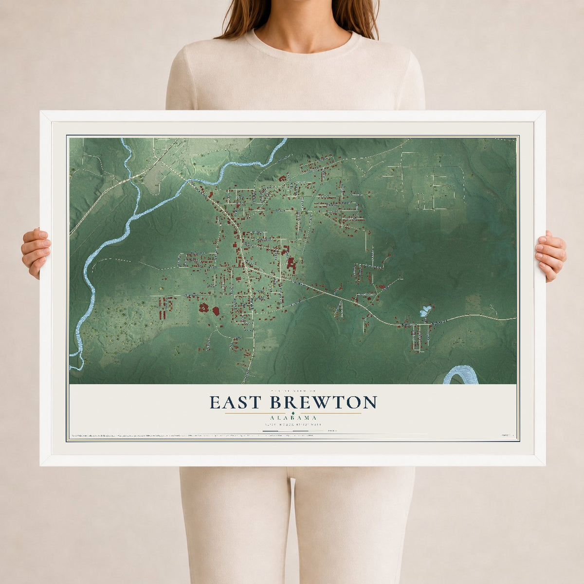 Map of East Brewton, Alabama, 24 x 36 inch print in a white wood frame
