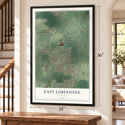 East Limestone, Alabama map, 24 x 36 inch print in a black frame by a staircase