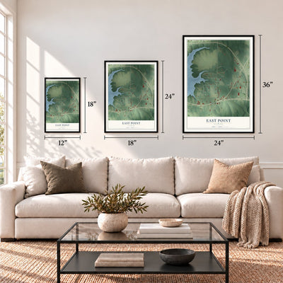 East Point, Alabama map in 12 x 18, 18 x 24 and 24 x 36 inch sizes above a sofa