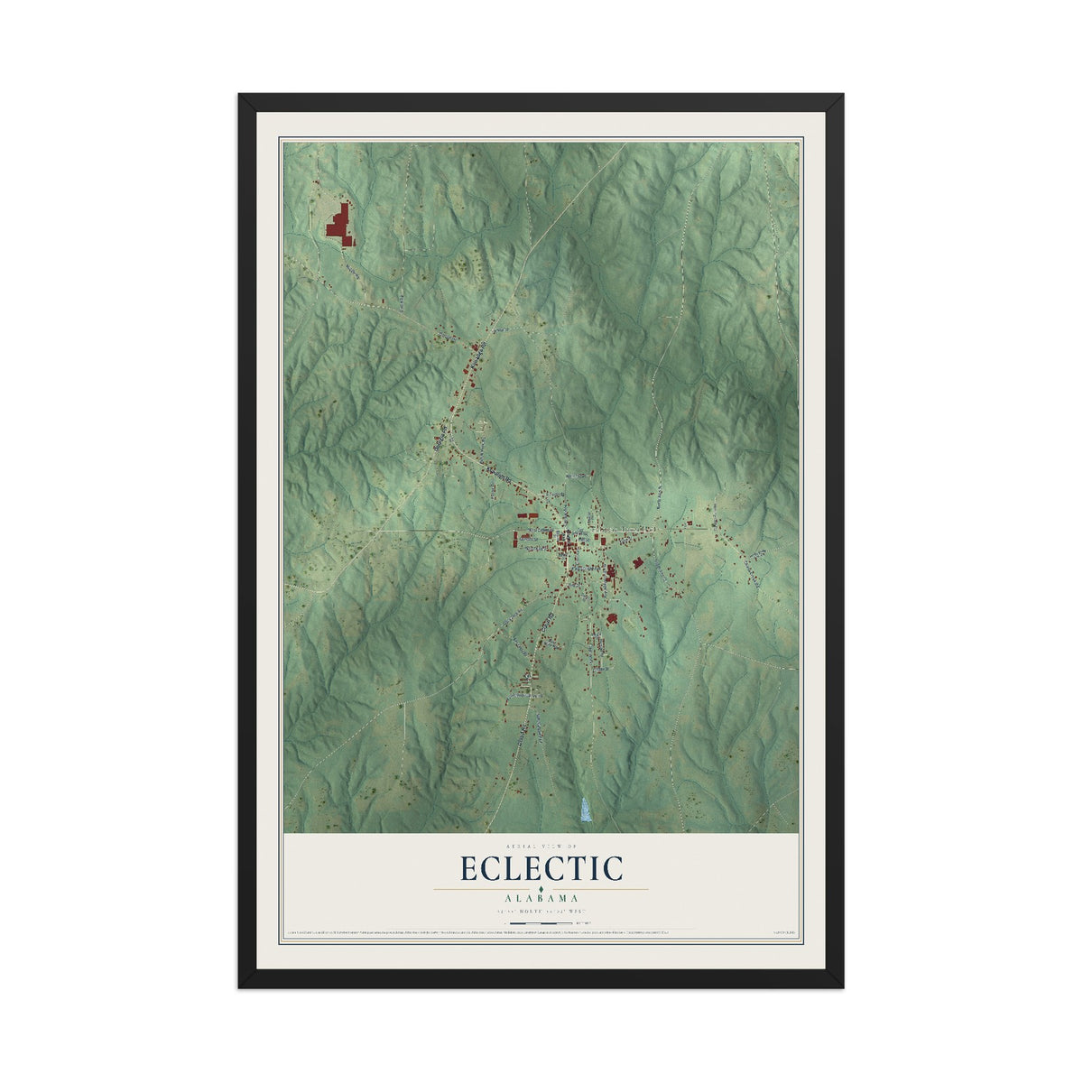 Map of Eclectic, Alabama, 12 x 18 inch print in a black wood frame