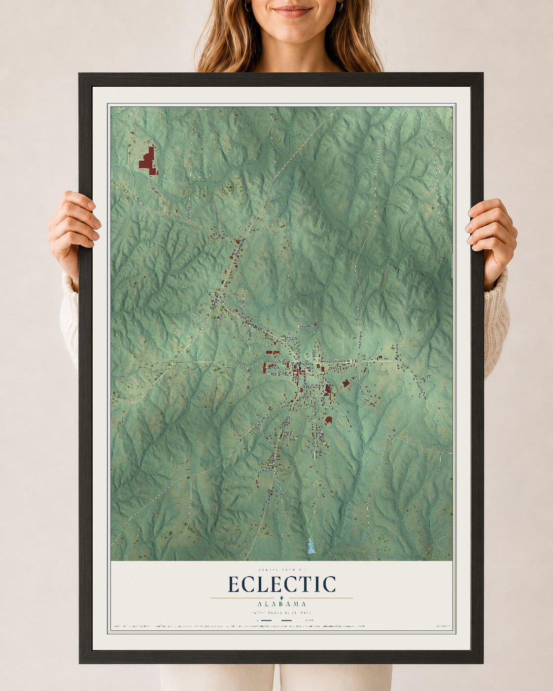 Map of Eclectic, Alabama, 24 x 36 inch print in a black wood frame