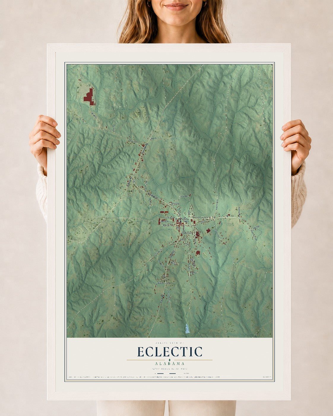 Map of Eclectic, Alabama, 24 x 36 inch print in a white wood frame