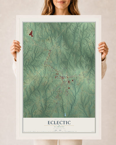 Map of Eclectic, Alabama, 24 x 36 inch print in a white wood frame