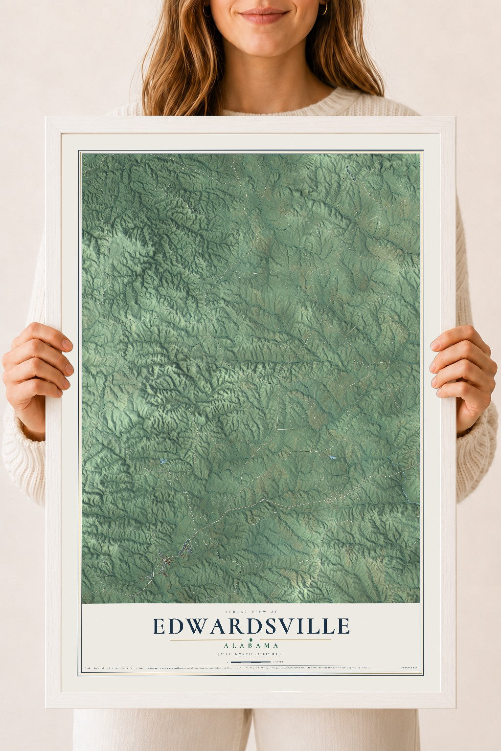 Map of Edwardsville, Alabama, 18 x 24 inch print in a white wood frame