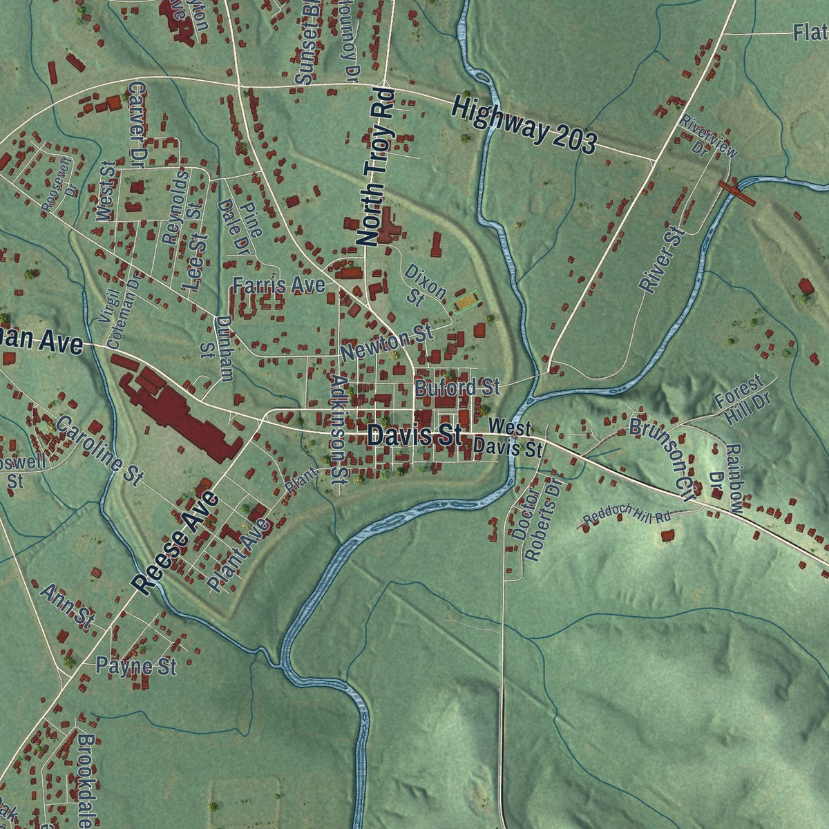 Close-up of the map of Elba, Alabama print showing street and building detail