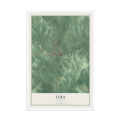 Map of Elba, Alabama, 12 x 18 inch print in a white wood frame