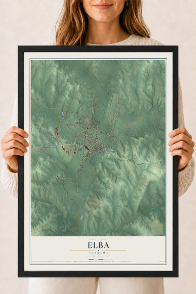 Map of Elba, Alabama, 18 x 24 inch print in a black wood frame