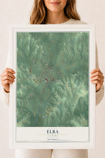 Map of Elba, Alabama, 18 x 24 inch print in a white wood frame