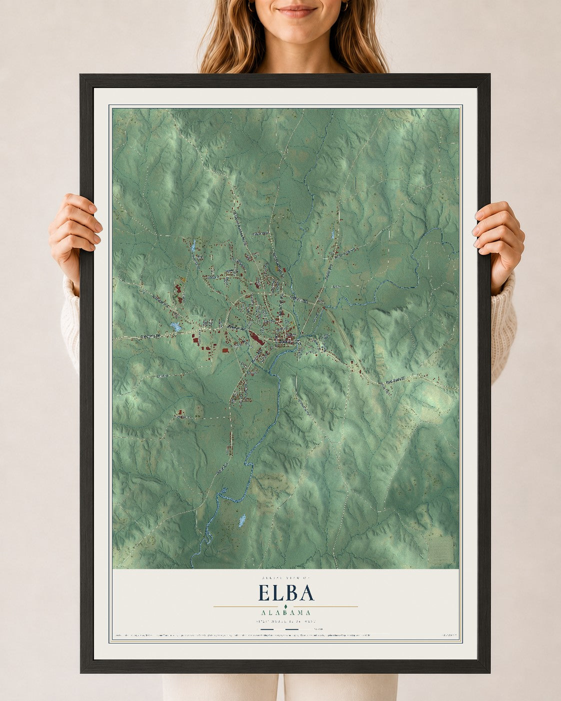 Map of Elba, Alabama, 24 x 36 inch print in a black wood frame