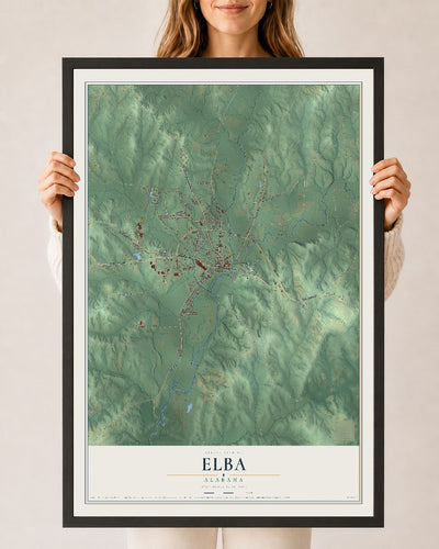Map of Elba, Alabama, 24 x 36 inch print in a black wood frame