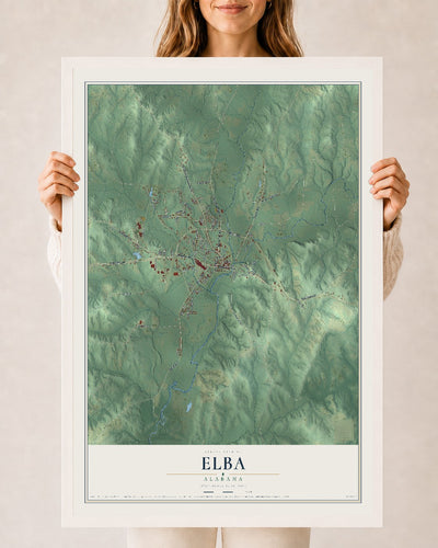 Map of Elba, Alabama, 24 x 36 inch print in a white wood frame