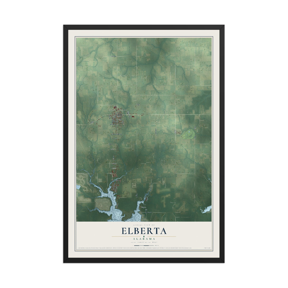 Map of Elberta, Alabama, 12 x 18 inch print in a black wood frame