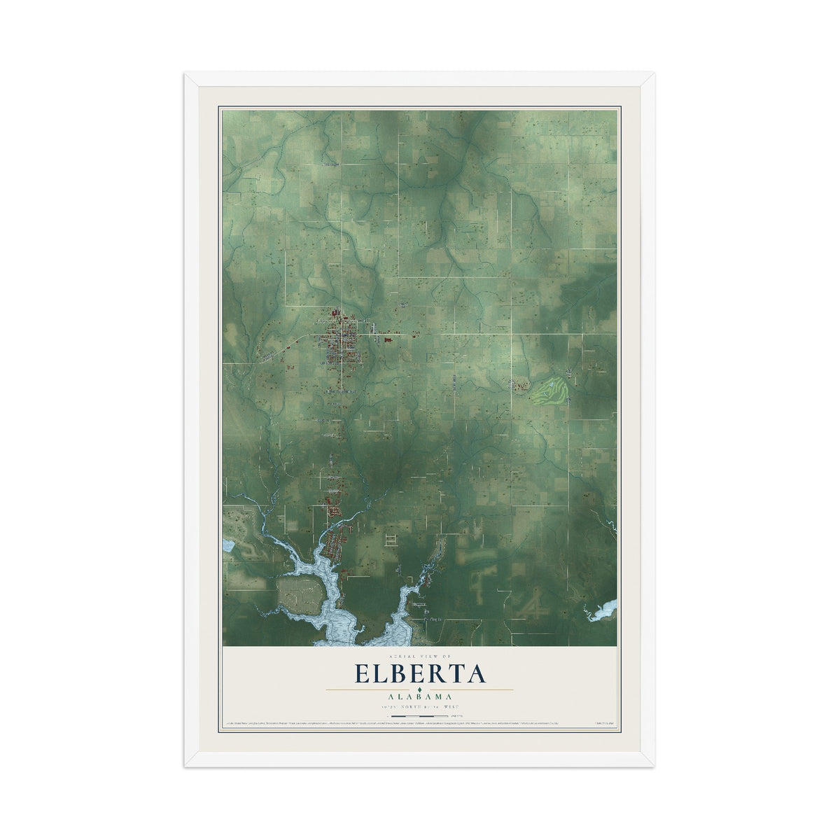 Map of Elberta, Alabama, 12 x 18 inch print in a white wood frame