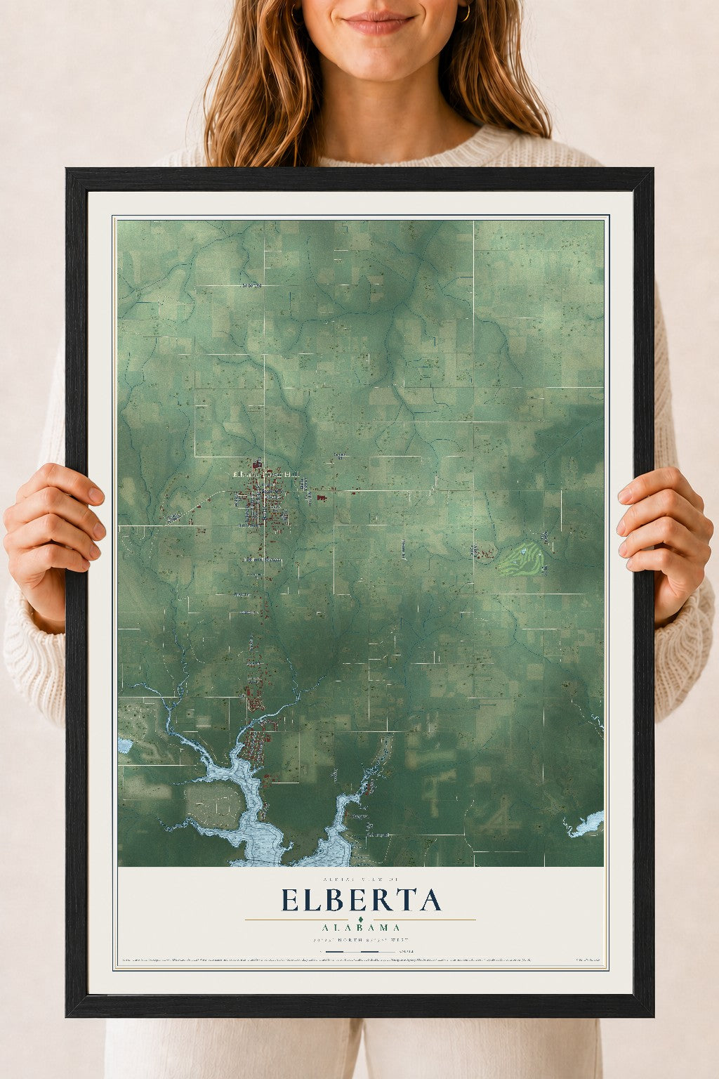 Map of Elberta, Alabama, 18 x 24 inch print in a black wood frame