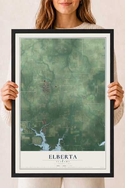 Map of Elberta, Alabama, 18 x 24 inch print in a black wood frame