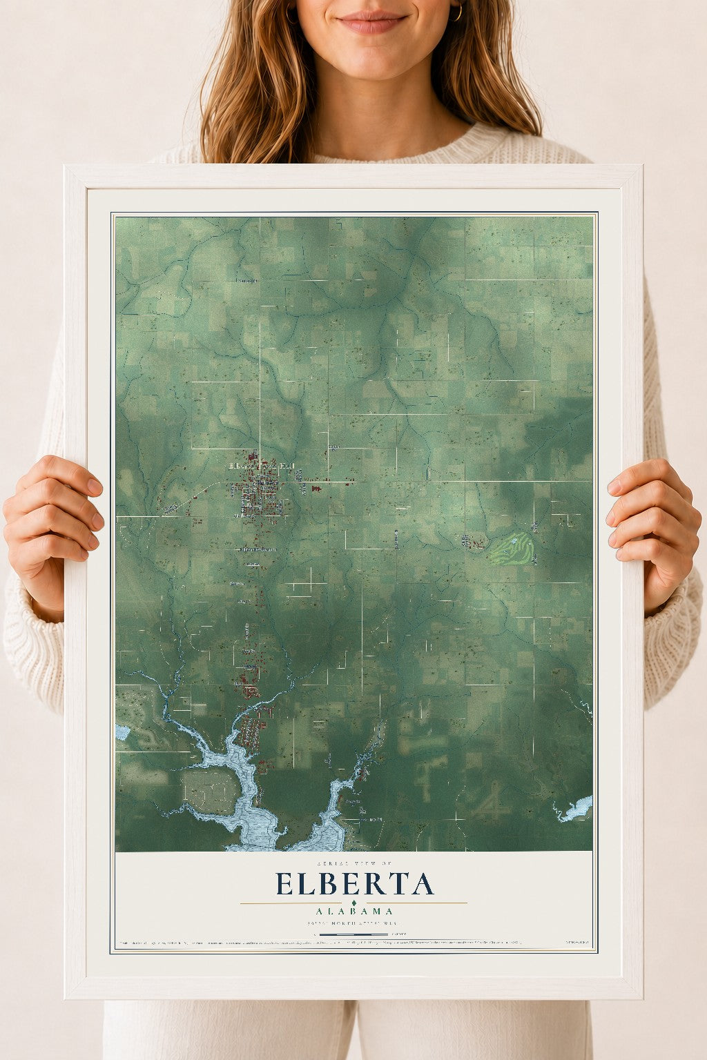 Map of Elberta, Alabama, 18 x 24 inch print in a white wood frame