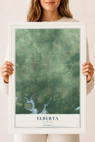 Map of Elberta, Alabama, 18 x 24 inch print in a white wood frame