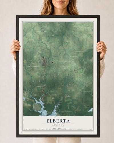 Map of Elberta, Alabama, 24 x 36 inch print in a black wood frame