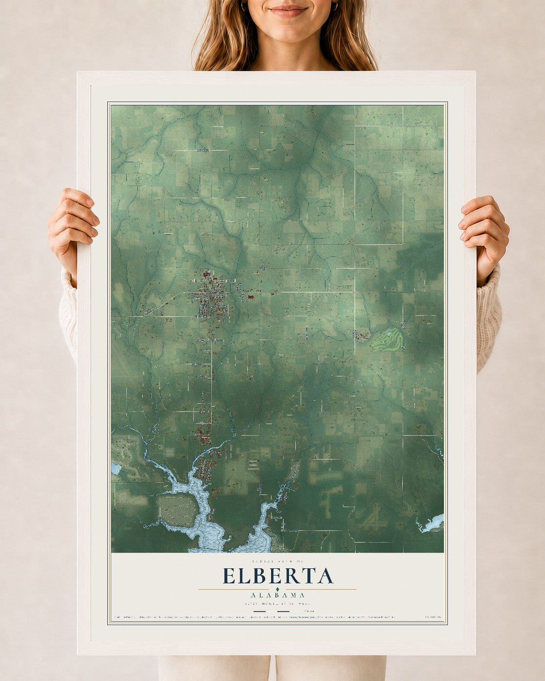Map of Elberta, Alabama, 24 x 36 inch print in a white wood frame
