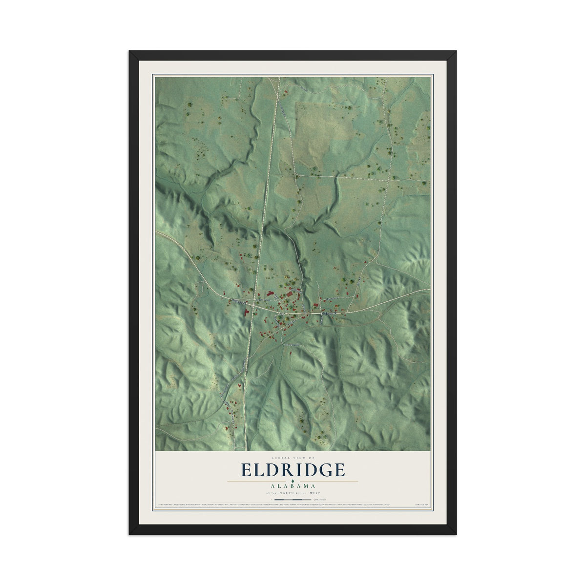 Map of Eldridge, Alabama, 12 x 18 inch print in a black wood frame