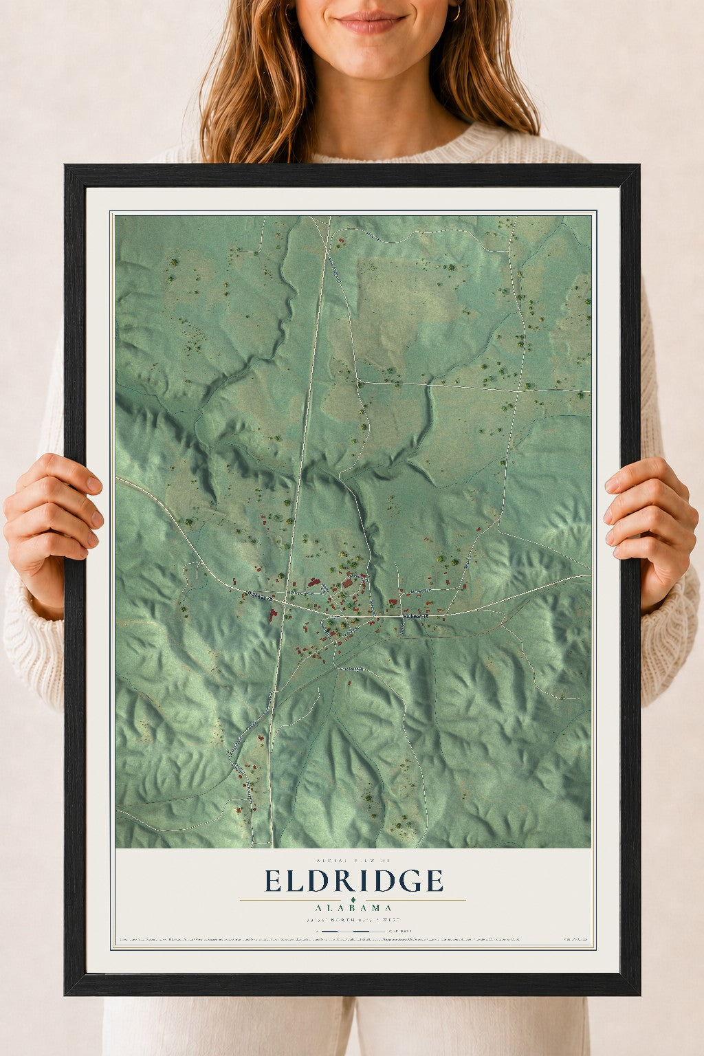 Map of Eldridge, Alabama, 18 x 24 inch print in a black wood frame