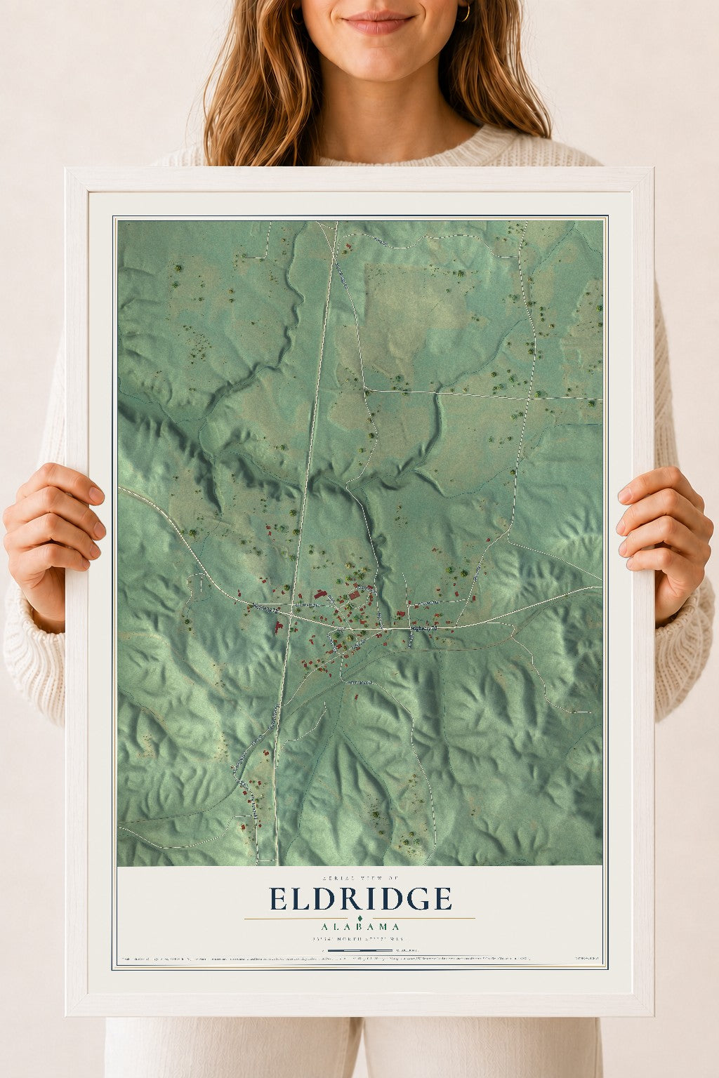 Map of Eldridge, Alabama, 18 x 24 inch print in a white wood frame
