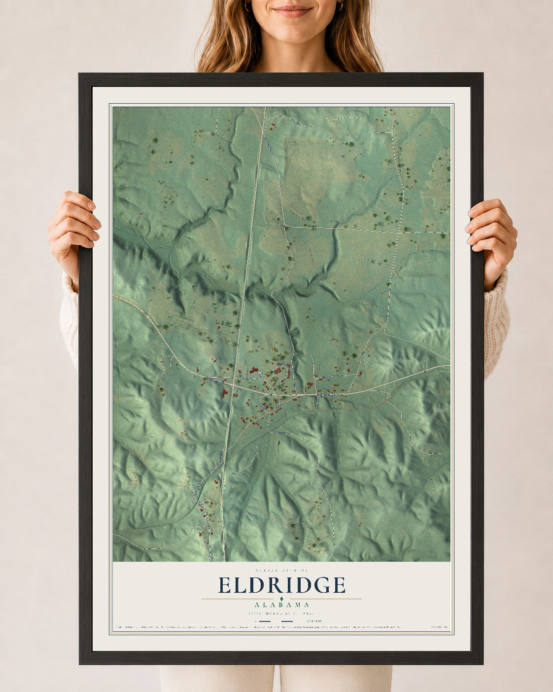 Map of Eldridge, Alabama, 24 x 36 inch print in a black wood frame