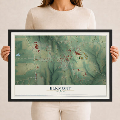 Map of Elkmont, Alabama, 12 x 18 inch print in a black wood frame