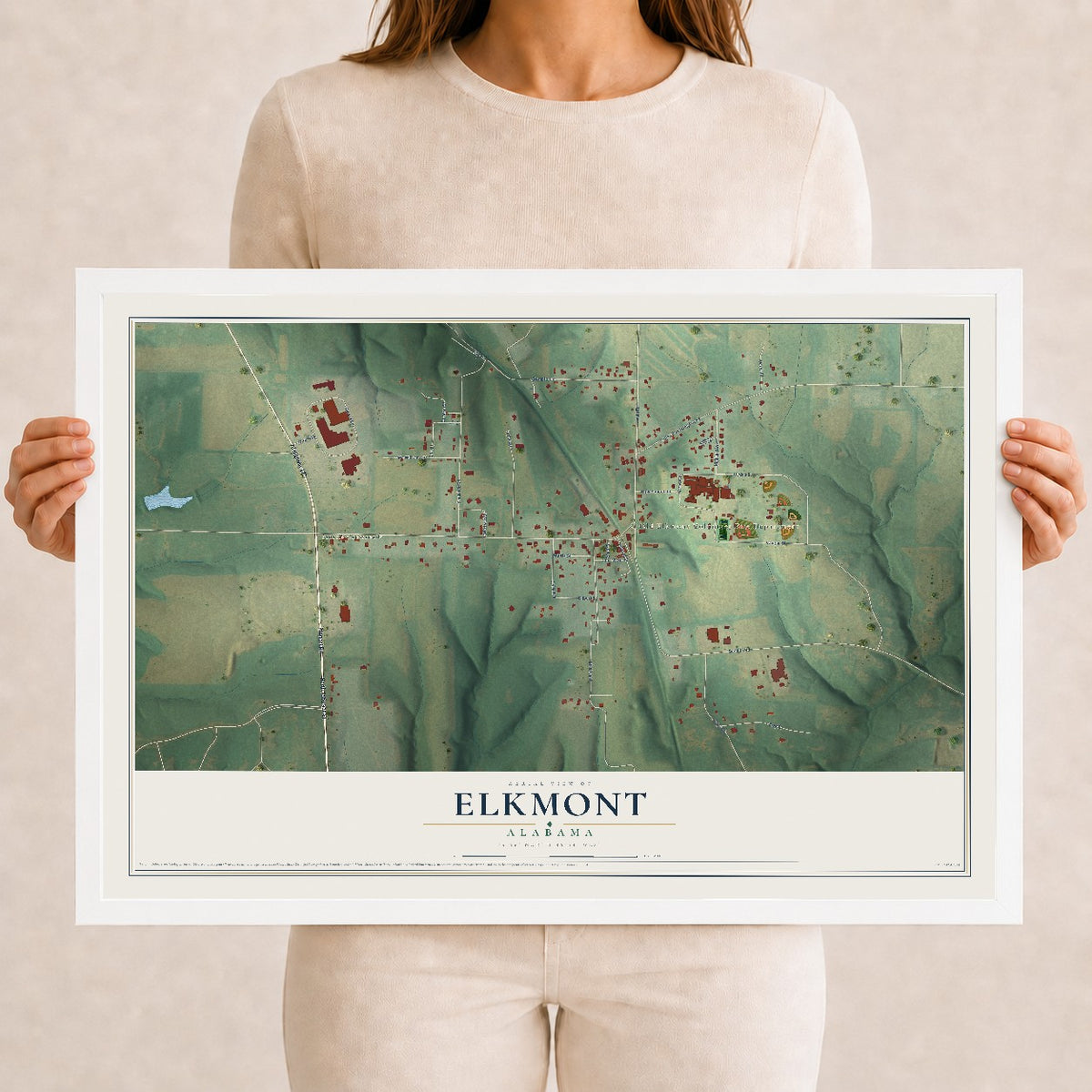 Map of Elkmont, Alabama, 12 x 18 inch print in a white wood frame