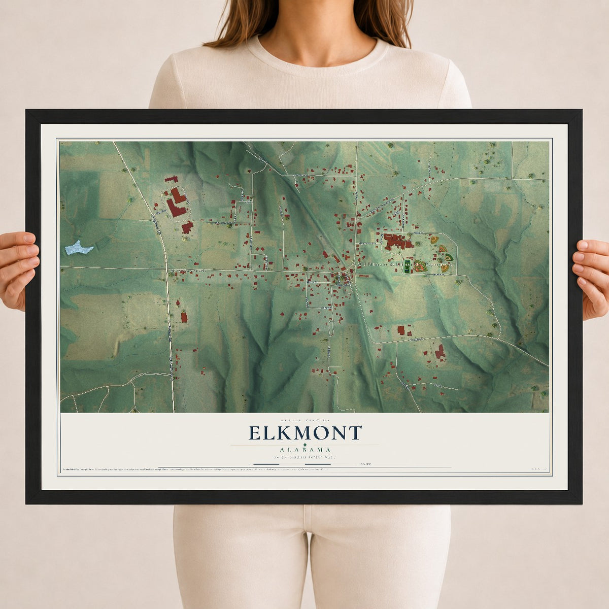 Map of Elkmont, Alabama, 18 x 24 inch print in a black wood frame