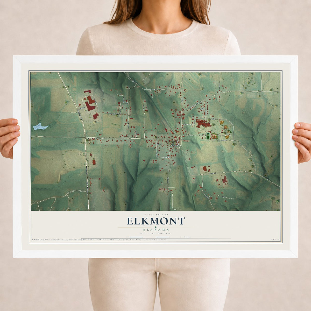 Map of Elkmont, Alabama, 18 x 24 inch print in a white wood frame