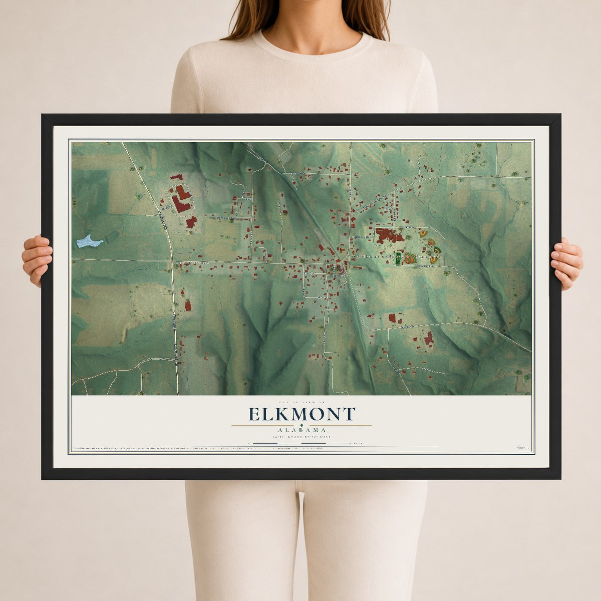 Map of Elkmont, Alabama, 24 x 36 inch print in a black wood frame