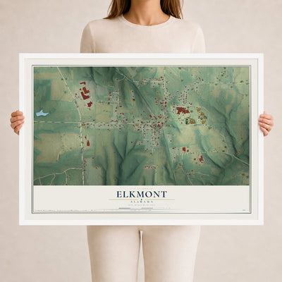 Map of Elkmont, Alabama, 24 x 36 inch print in a white wood frame
