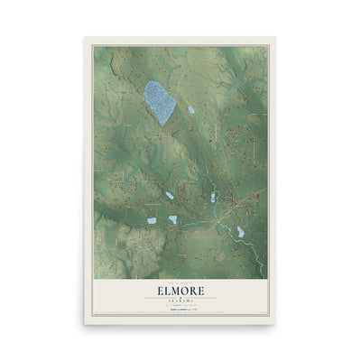 Map of Elmore, Alabama, 12 x 18 inch unframed archival matte print