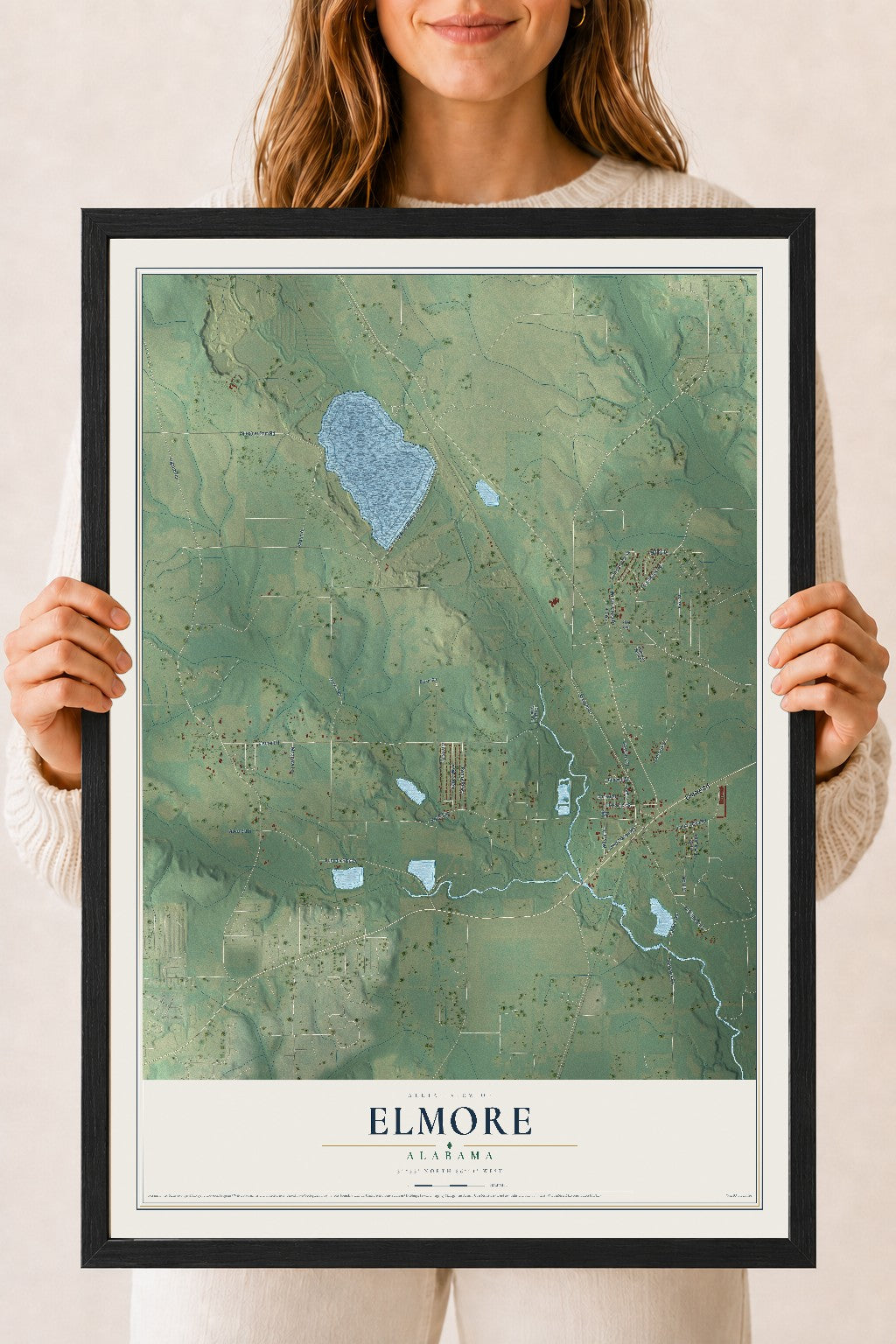 Map of Elmore, Alabama, 18 x 24 inch print in a black wood frame