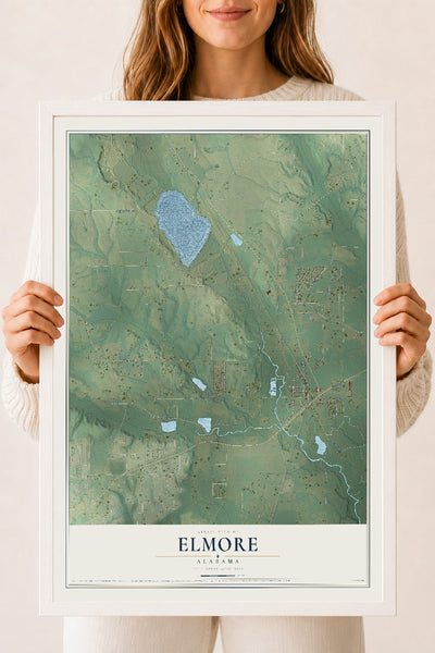 Map of Elmore, Alabama, 18 x 24 inch print in a white wood frame