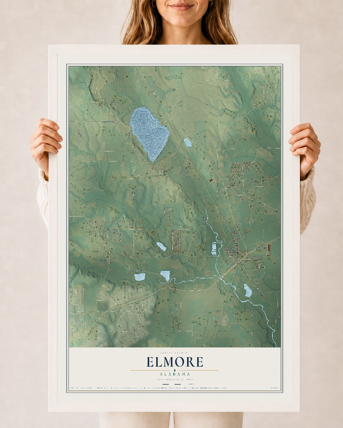 Map of Elmore, Alabama, 24 x 36 inch print in a white wood frame