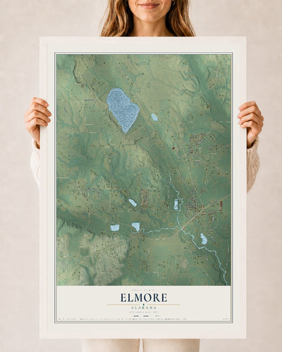Map of Elmore, Alabama, 24 x 36 inch print in a white wood frame
