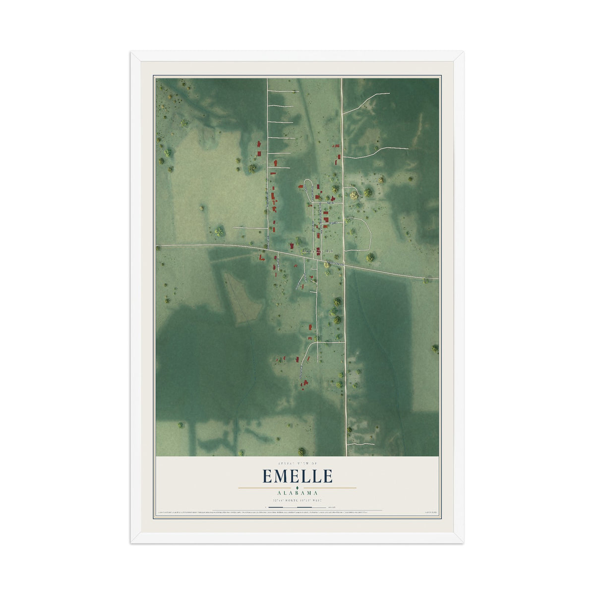 Map of Emelle, Alabama, 12 x 18 inch print in a white wood frame