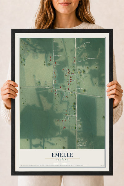 Map of Emelle, Alabama, 18 x 24 inch print in a black wood frame