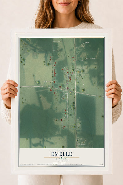 Map of Emelle, Alabama, 18 x 24 inch print in a white wood frame
