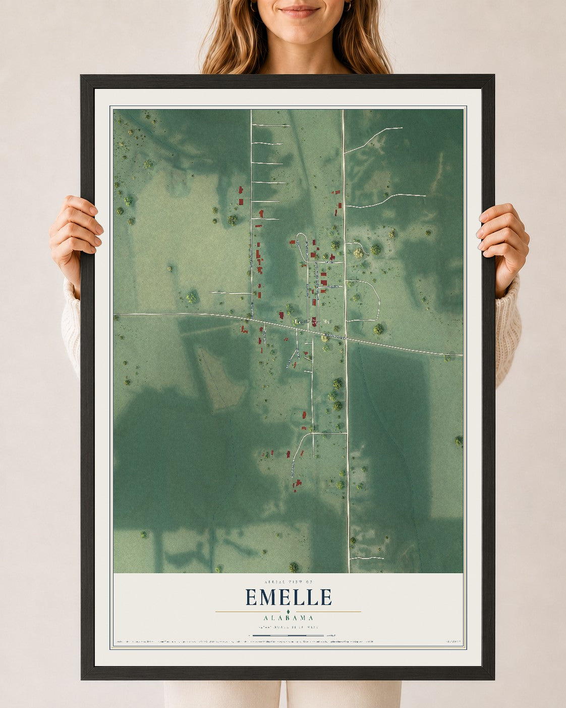 Map of Emelle, Alabama, 24 x 36 inch print in a black wood frame