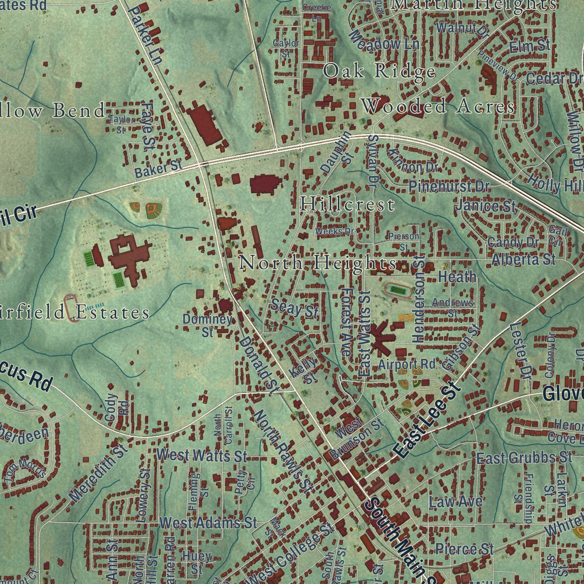 Close-up of the map of Enterprise, Alabama print showing street and building detail