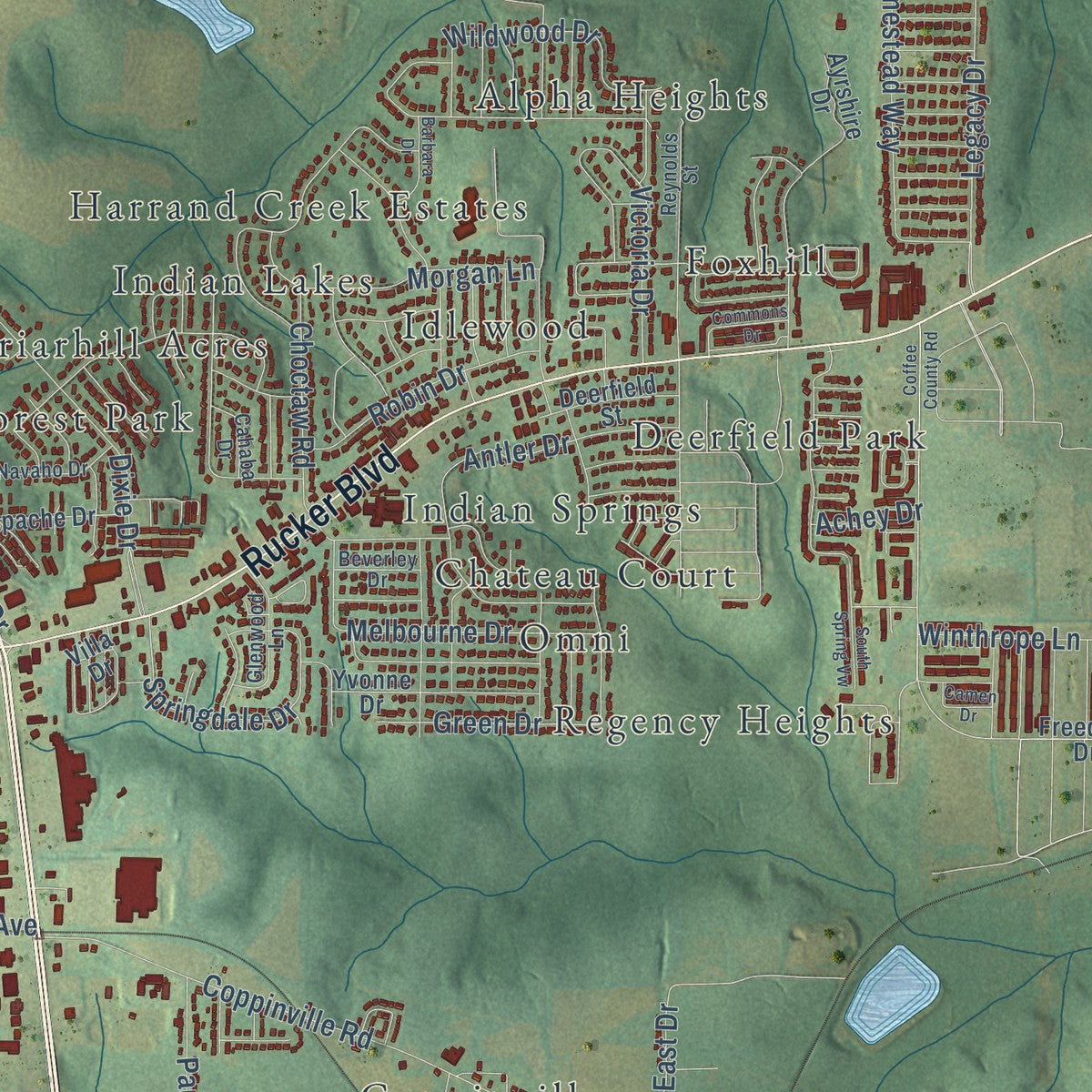 Second close-up of the map of Enterprise, Alabama print showing more streets and buildings