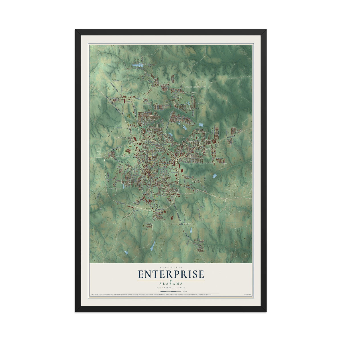 Map of Enterprise, Alabama, 12 x 18 inch print in a black wood frame