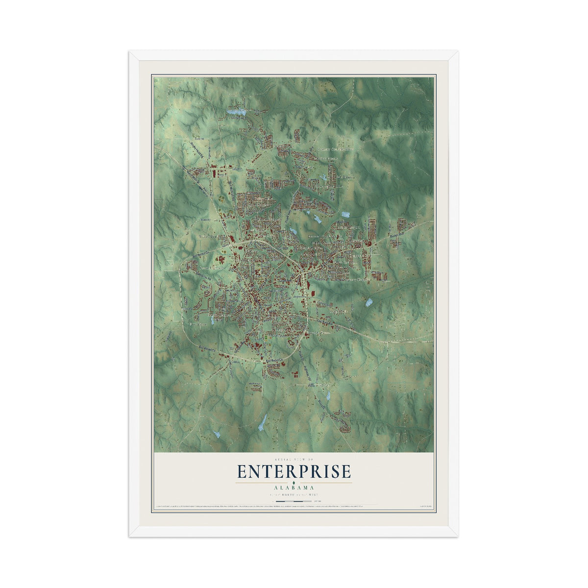 Map of Enterprise, Alabama, 12 x 18 inch print in a white wood frame