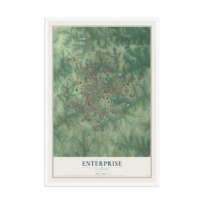 Map of Enterprise, Alabama, 12 x 18 inch print in a white wood frame